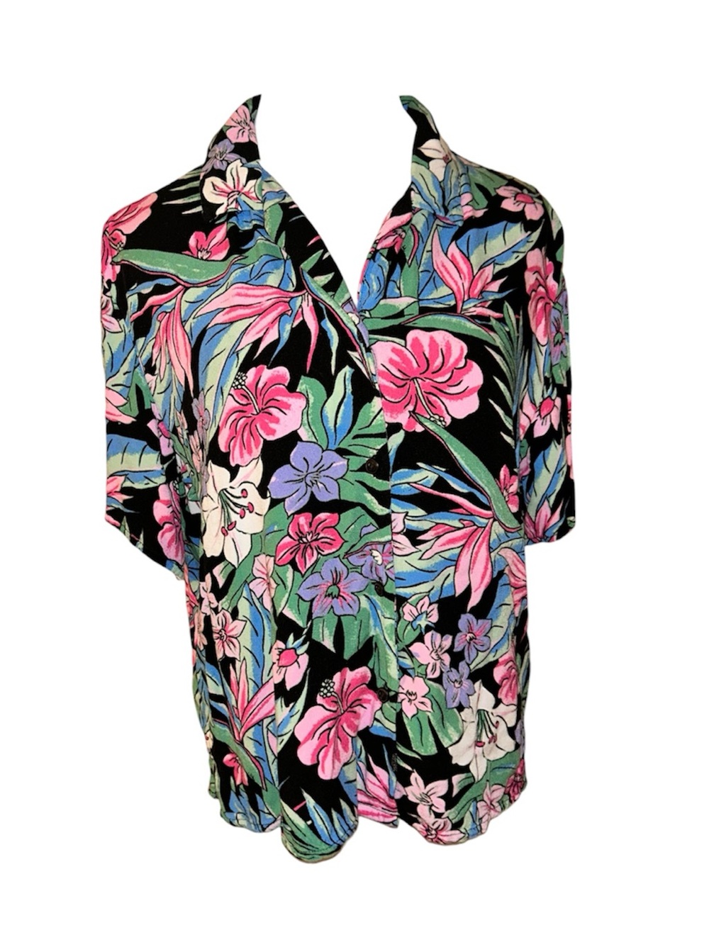 vibrant hawaiian button down women’s size medium short sleeve blouse wild fable
